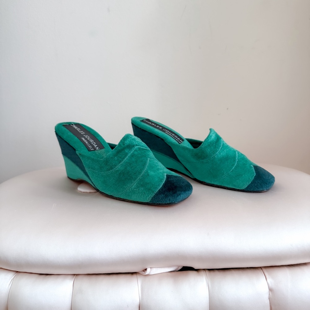 1970s Charles Jourdan Wedge Mules Green Velvet Rare Guy Bourdin Heels